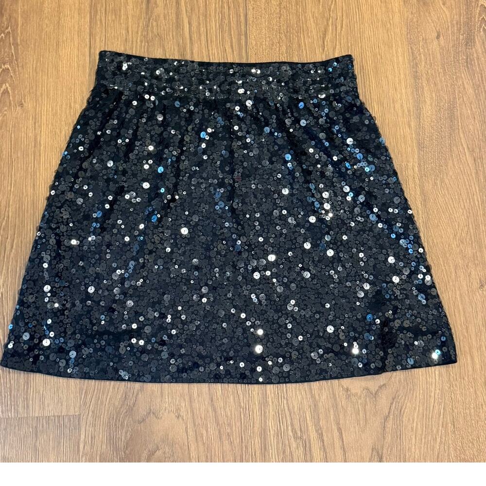Garnet Hill Black Sequin Mini Skirt M A Line Pull On Holiday Party Sparkle